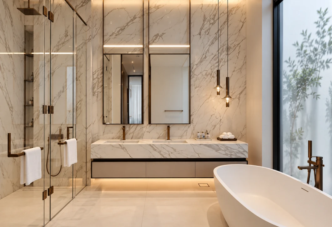 Marble bathroom with freestanding tub